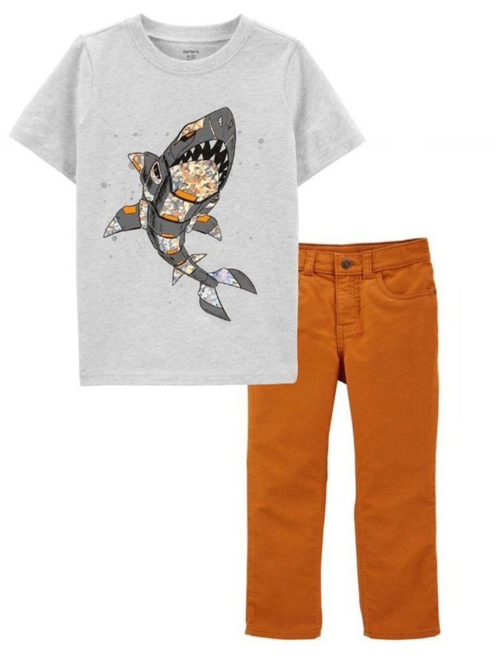NEW Carter's Kid Toddler Robo Shark Tee Adjustable Orange Straight Leg Pant Set